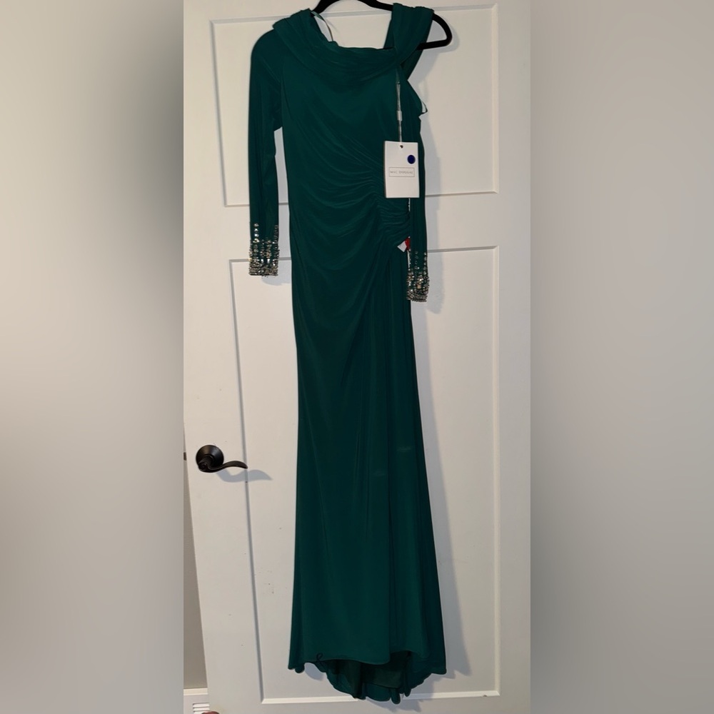 New ~ MAC DUGGAL 12231 
Green Beaded Cuff Drop Shoulder Faux Wrap Gown ~ 0 - Picture 9 of 11